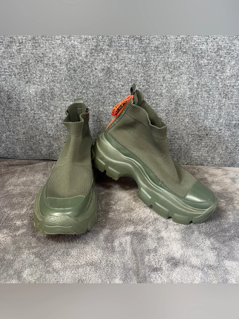 Olive Green Knit Platform Chelsea Boots with Orange Pull Tab Accent Chunky Boot